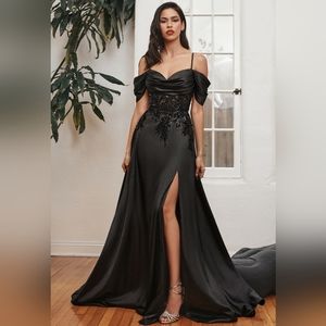 New long black or purple violet off the shoulder satin beaded dress